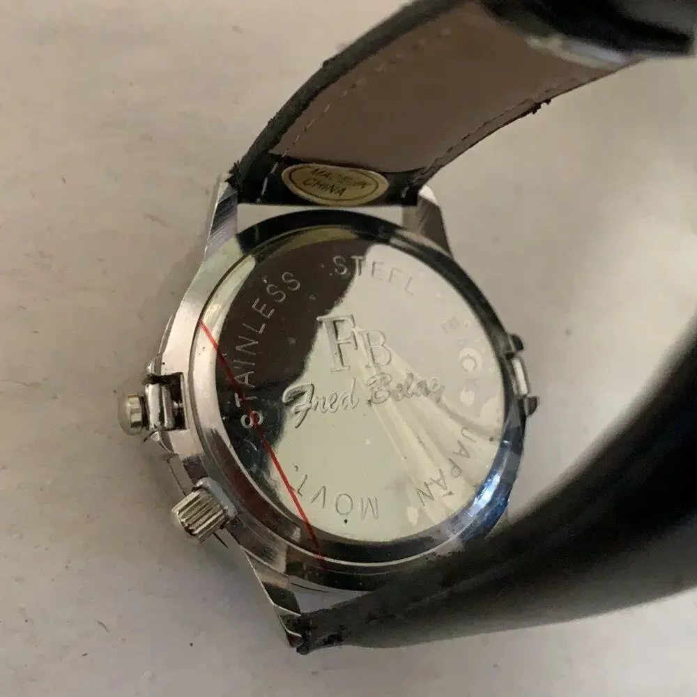 NWOT FRED BELAY UNISEX WATCH GENUINE LEATHER‎ BAND DIAMONDS DETAILS